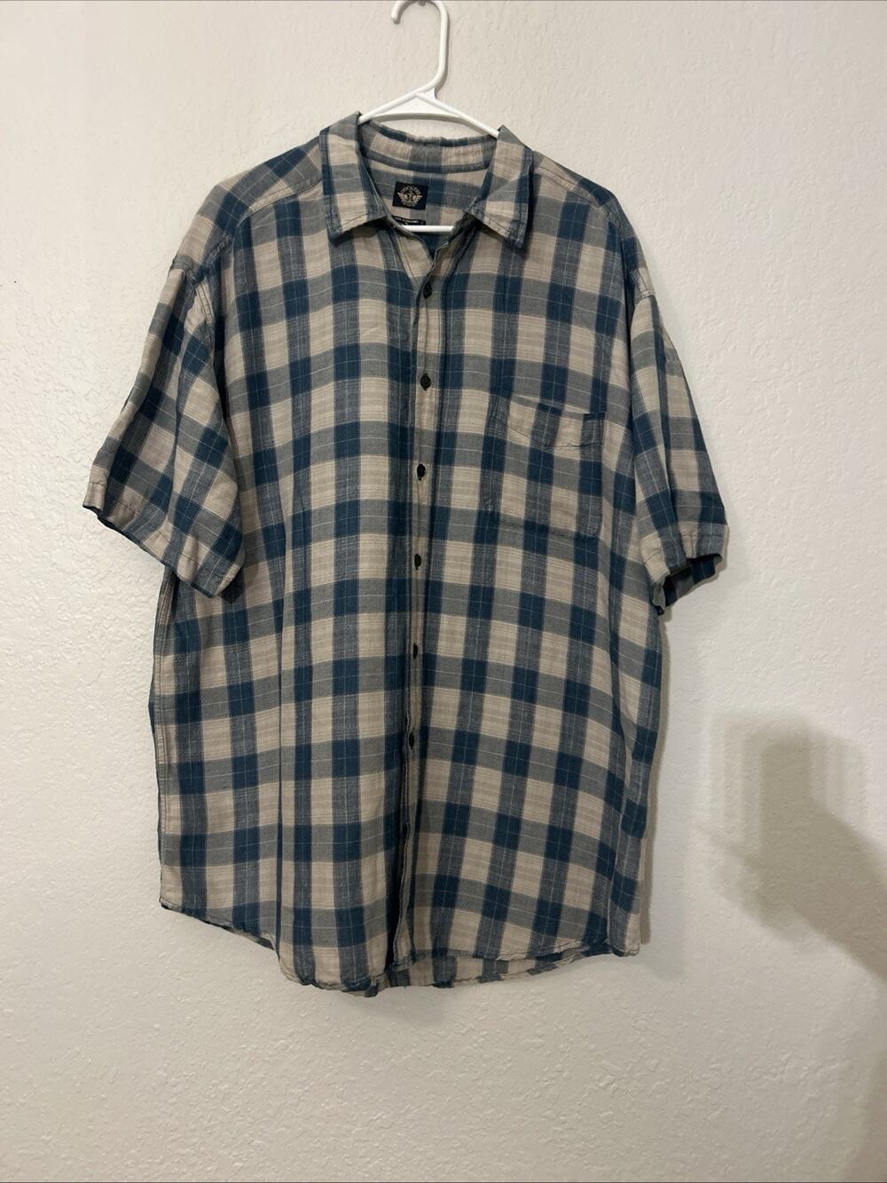 Dockers Men’s XL Blue Beige Plaid Linen Rayon Woven Point Collar Pocket Shirt